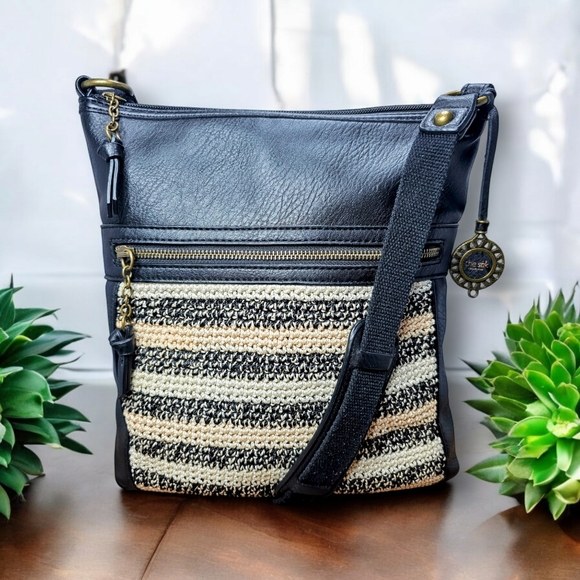 The Sak Handbags - The Sak Black Faux Leather Crossbody Bag Shoulder Purse Crochet Trim Boho